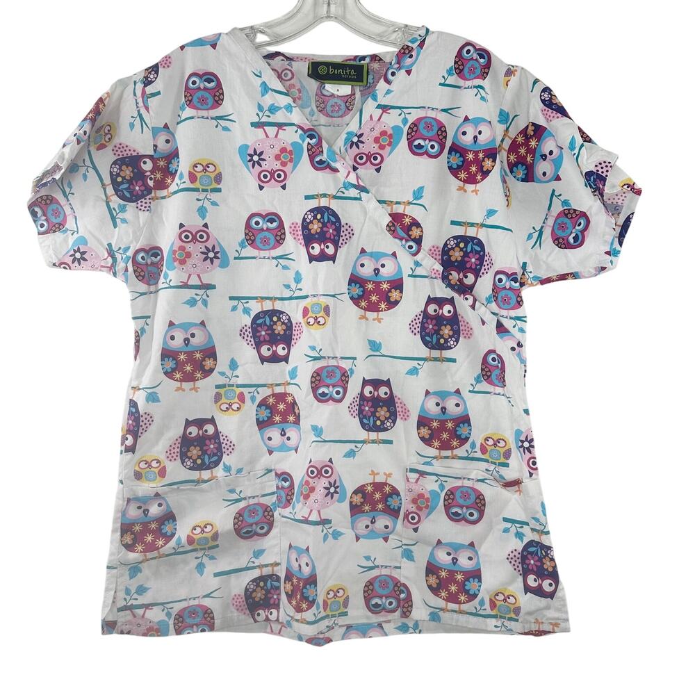 Bonita Scrubs Women’s Short Sleeve Shirt Pockets Colorful Owls Cotton Medium M